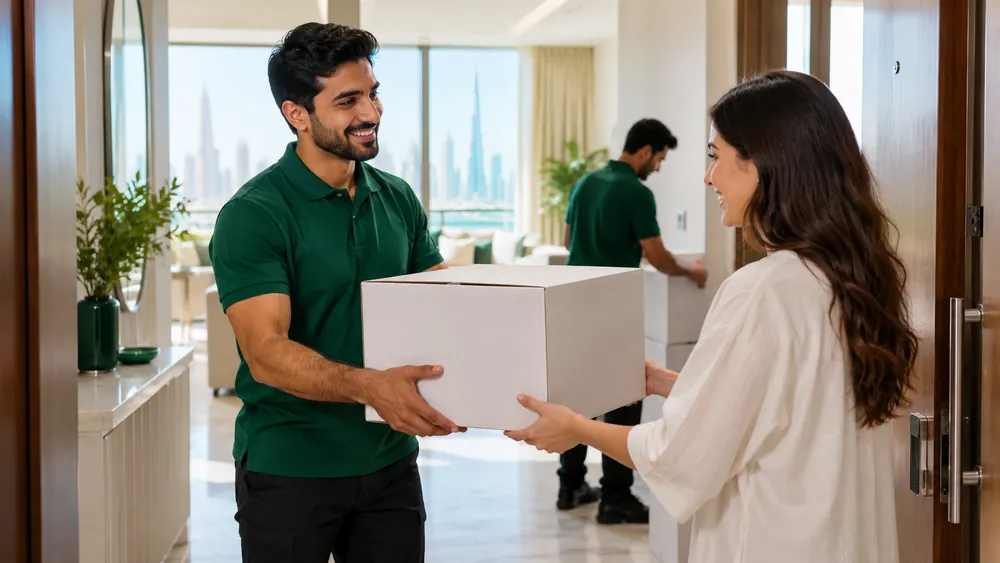 A mover handing a single box to a resident at the door