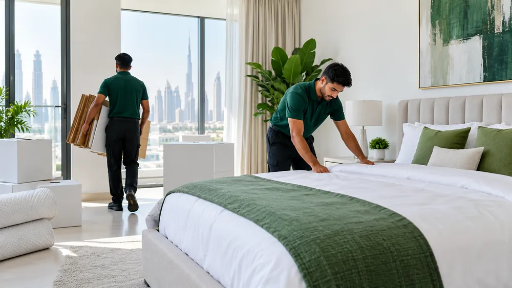 A made bed in a new Dubai bedroom while a mover carries flattened cartons out