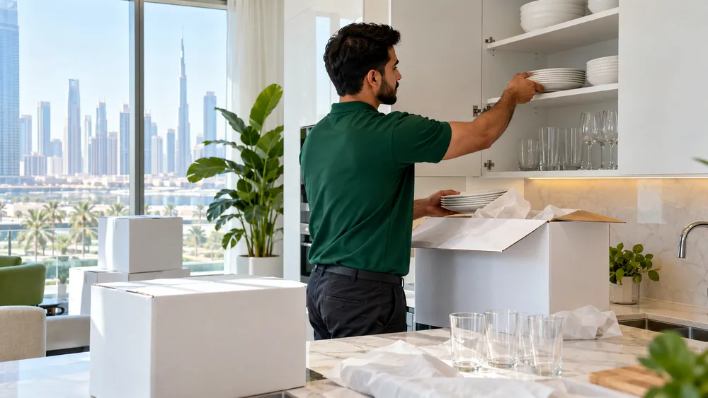 A mover in a green polo placing plates into the kitchen cupboards of a new Dubai apartment