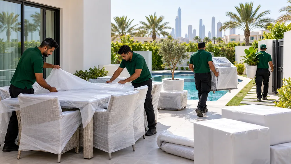 An outdoor dining set, loungers and a barbecue wrapped beside the pool of a Dubai villa
