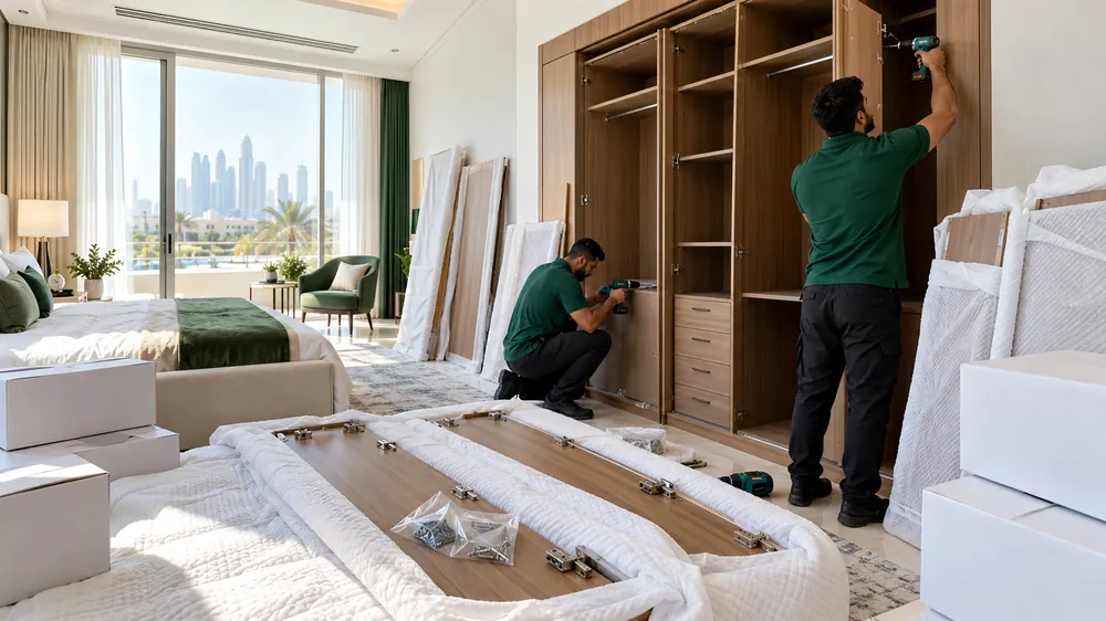 Two movers taking apart a large sliding door wardrobe in a villa master bedroom